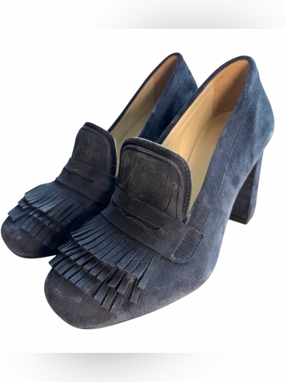 Girotti Milano Suede Fringe Loafer Pumps Navy Blue EU 37 Block Heel NWOT
